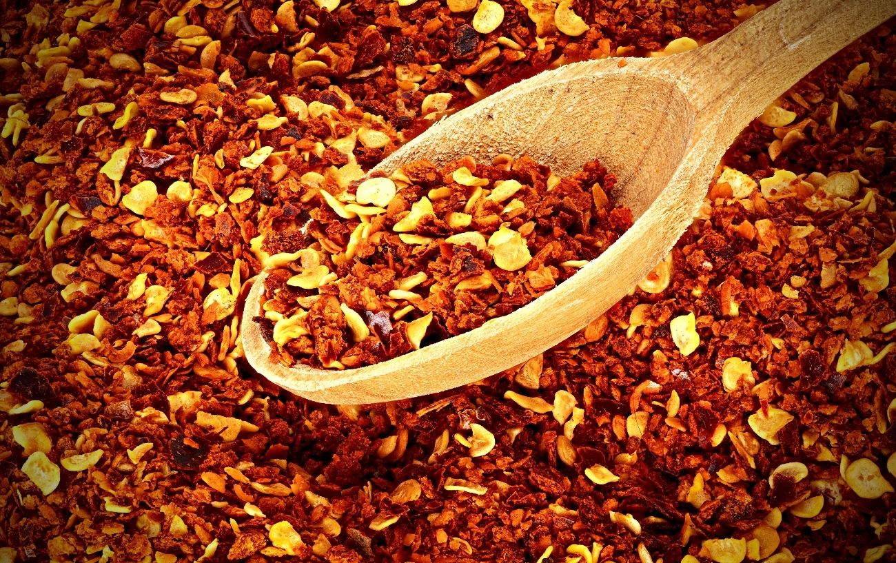 Spicy red pepper flakes. 