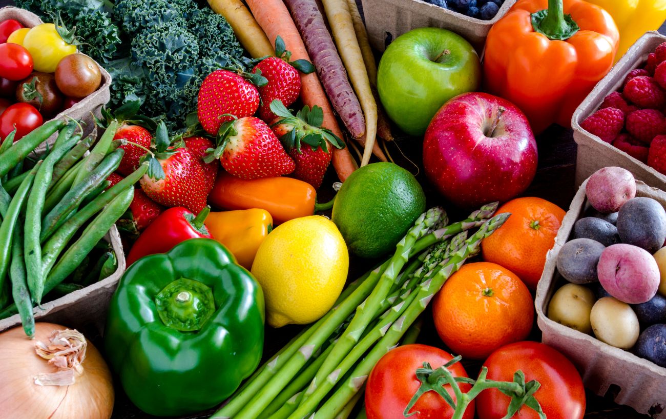 Fresh fruits and vegetables.